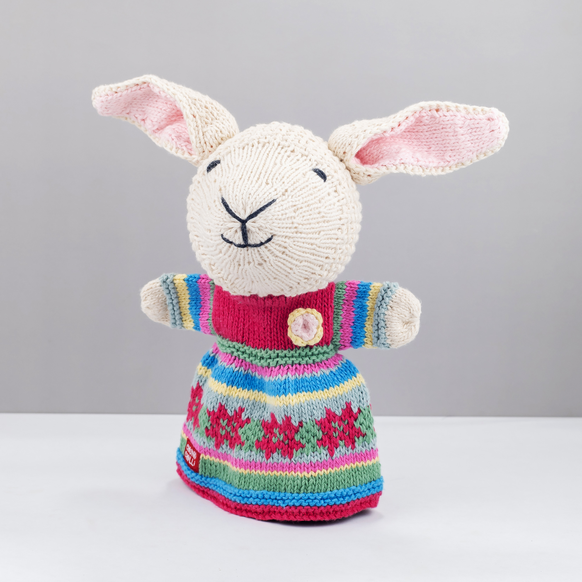 ChunkiChilli colourful lamb hand puppet ChunkiChilli hand knitted lamb puppet